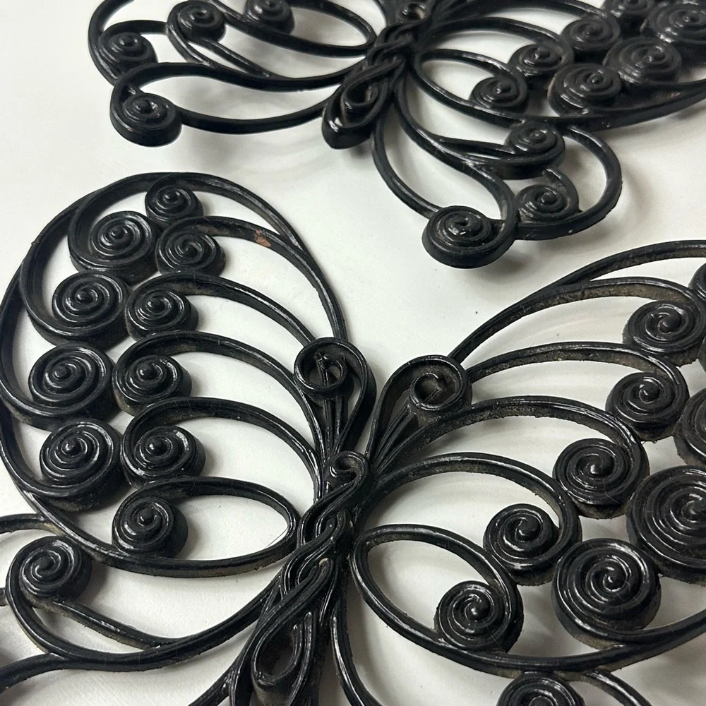 Vintage 70s Burwood Wicker Butterfly Wall Hanging Decor Painted Black Set Of Two